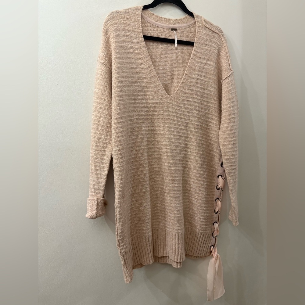 Free People light pink-  V-Neck Sweater with Side Tie - long length or dress